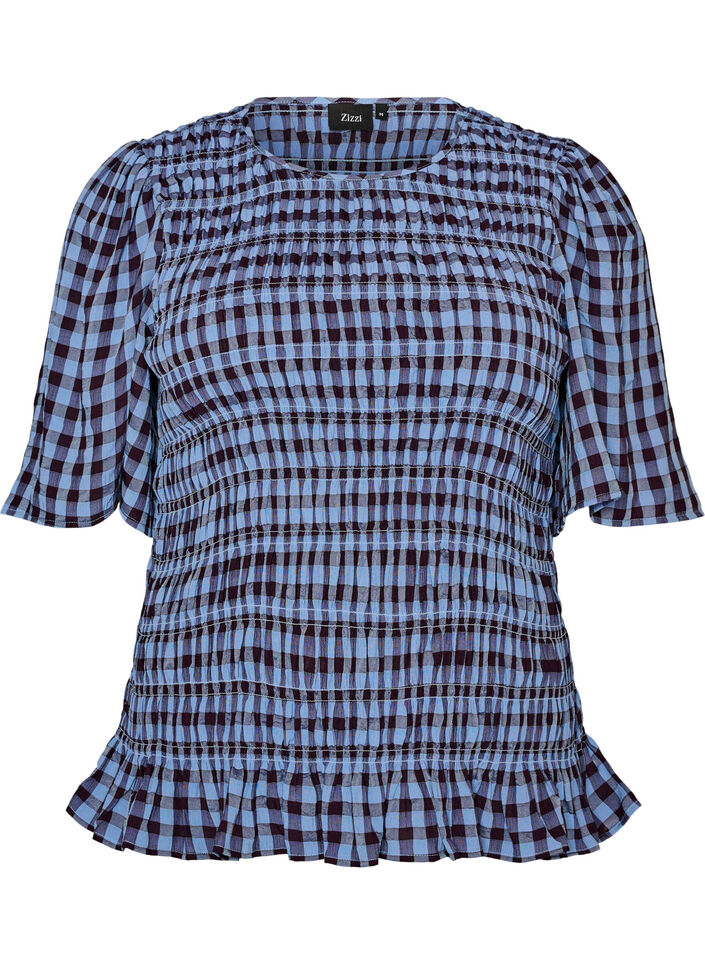 Blouse smock&eacute;e &agrave; carreaux vichy et ourlet &agrave; volants, Bleu, Packshot image number 0