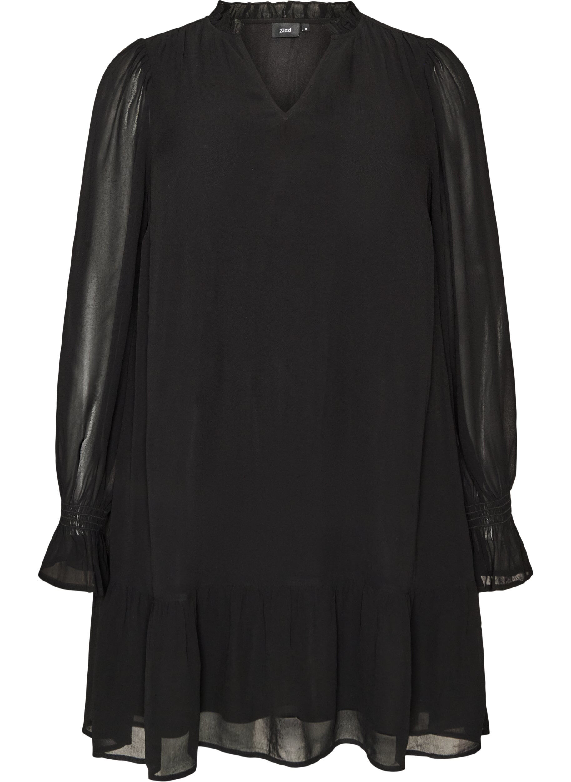 ZizziRobe en viscose avec volants et manches transparentes, Noir, Packshot image number 0