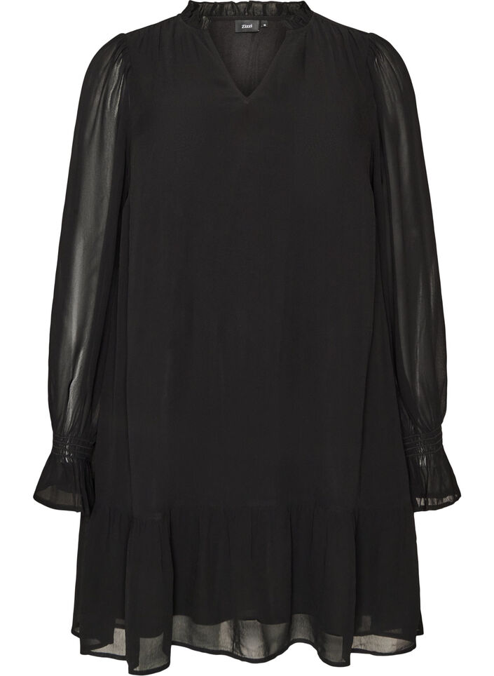 Robe en viscose avec volants et manches transparentes, Noir, Packshot image number 0