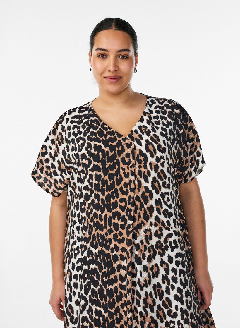 Robe &agrave; col en V en viscose, Marron, Model image number 2