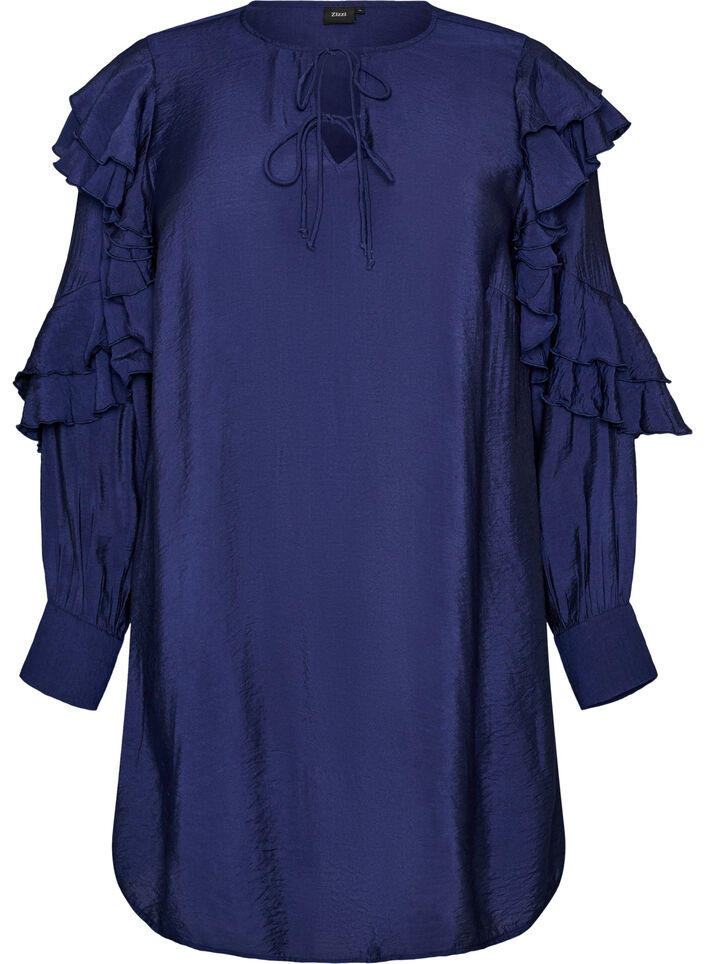 Robe en viscose avec volants et liens &agrave; nouer, Bleu, Packshot image number 0
