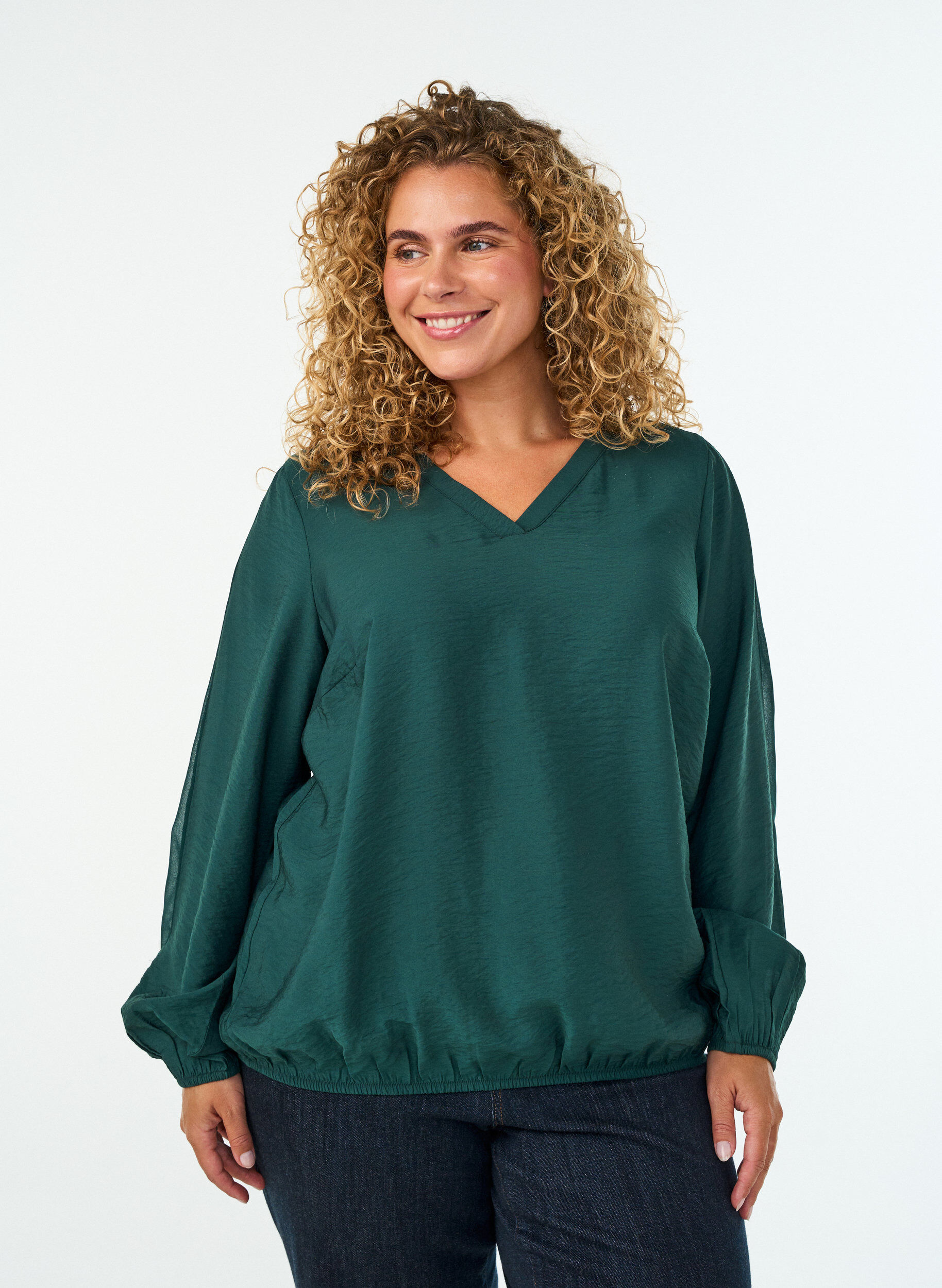 ZizziBlouse avec effet ballon et d&eacute;tails en mousseline, Vert fonc&eacute;, Model image number 0