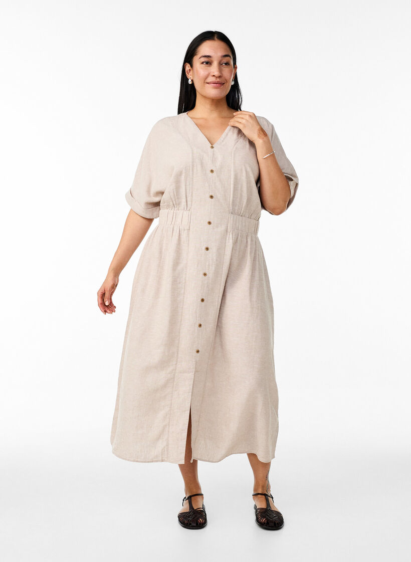 Robe midi en lin et viscose fendue sur le devant, Beige, Model image number 0