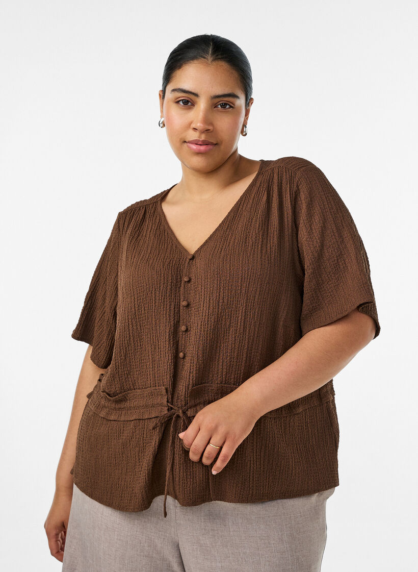 Blouse avec texture et lien &agrave; la taille, Marron, Model image number 0