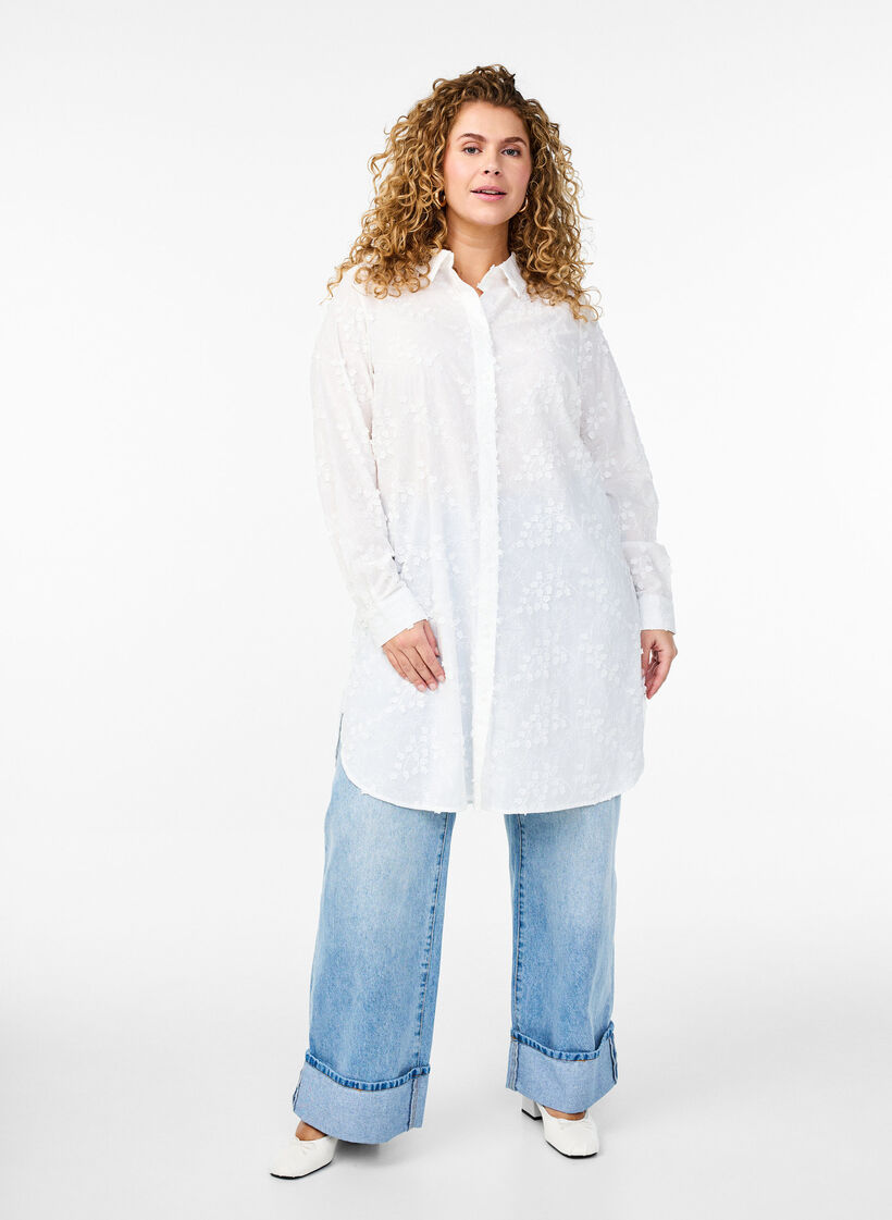 Robe chemise avec fleurs brodées, Blanc, Model image number 1