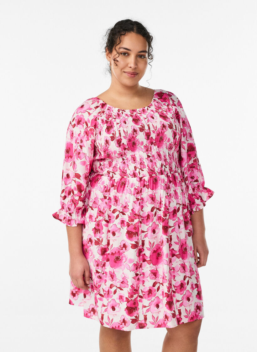Robe smock&eacute;e &agrave; imprim&eacute; floral, Rose, Model image number 0