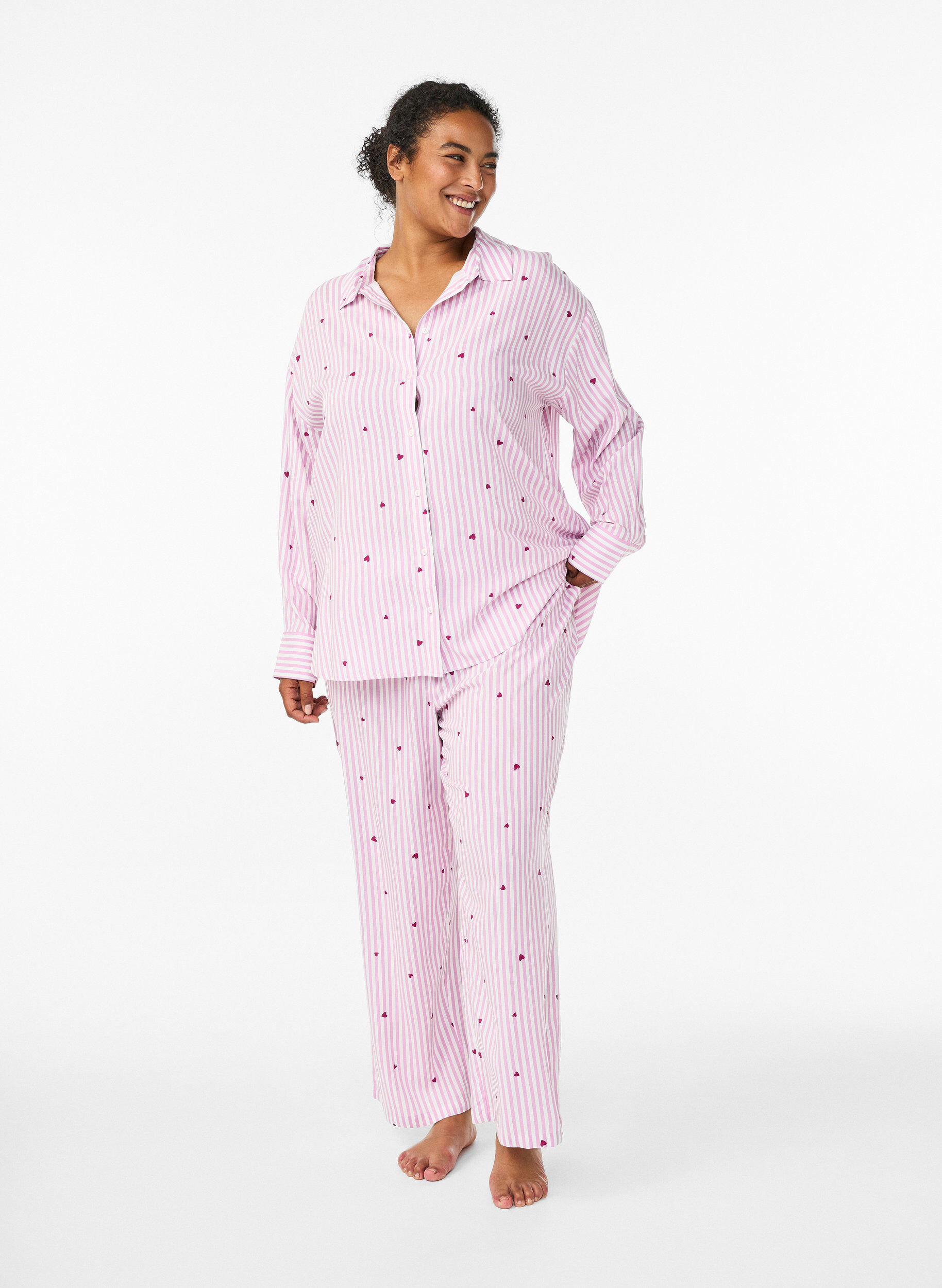 ZizziChemise de nuit &agrave; rayures et c&oelig;urs, Rose, Model image number 1