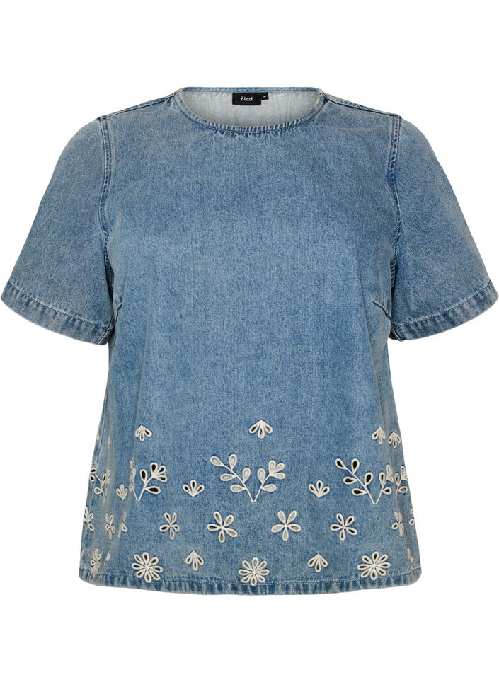 Blouse en jean &agrave; manches courtes avec broderie anglaise, Bleu Clair, Packshot image number 0
