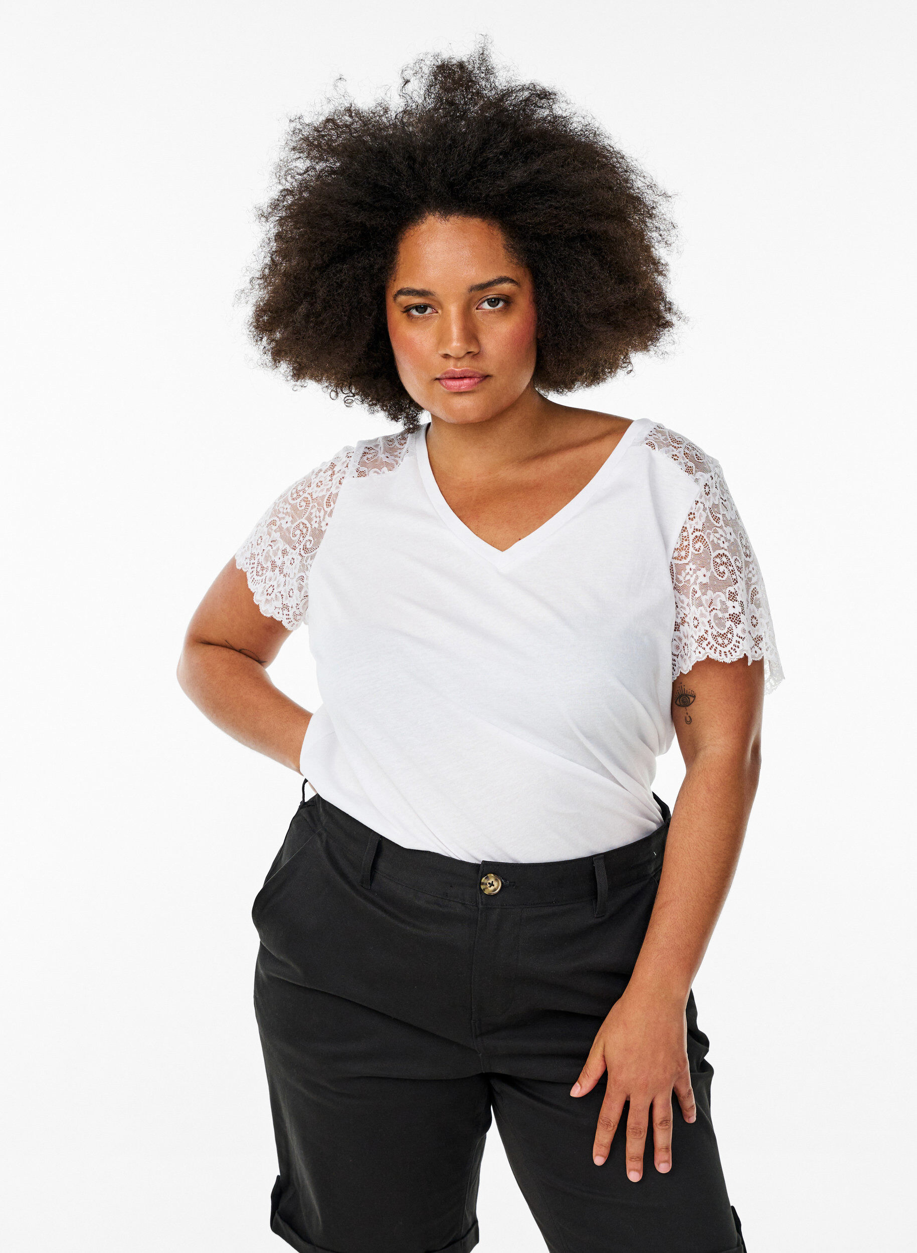 T-shirt en coton &agrave; manches courtes en dentelle, Blanc, Model