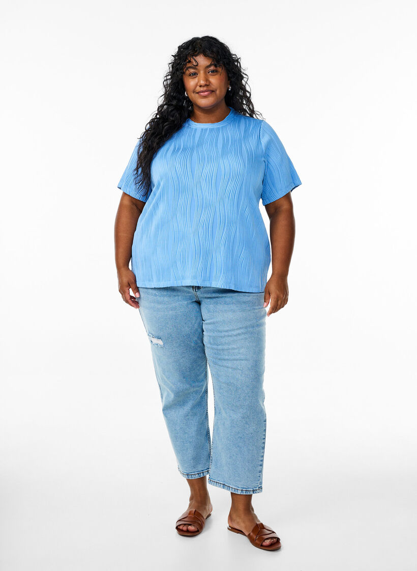Chemisier à manches courtes et à texture ondulée, Bleu Clair, Model image number 1