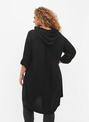 Robe chemise en viscose avec capuche et manches 3/4, Black, Model image number 1