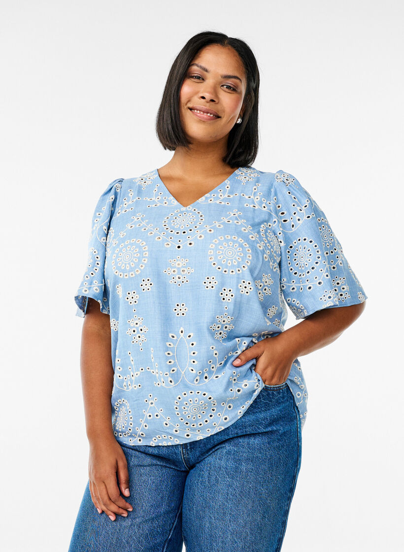 Blouse en broderie anglaise avec manches courtes bouffantes, Bleu, Model image number 0