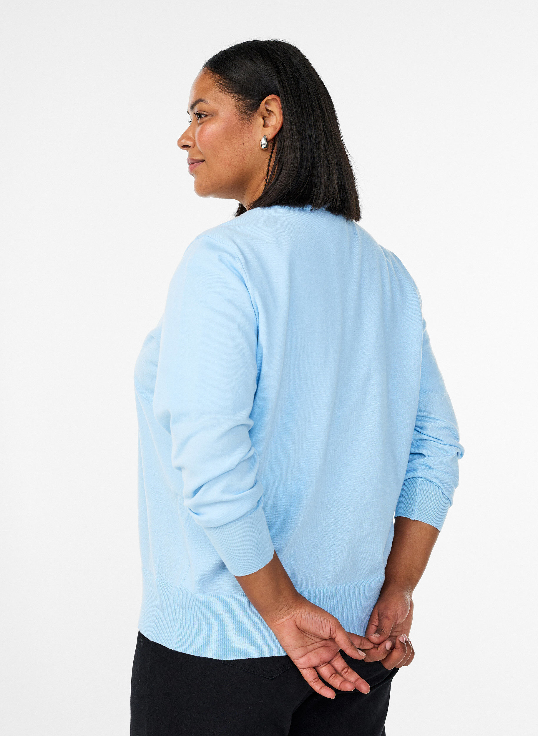 ZizziCardigan en maille fine avec col rond, Bleu Clair, Model image number 2