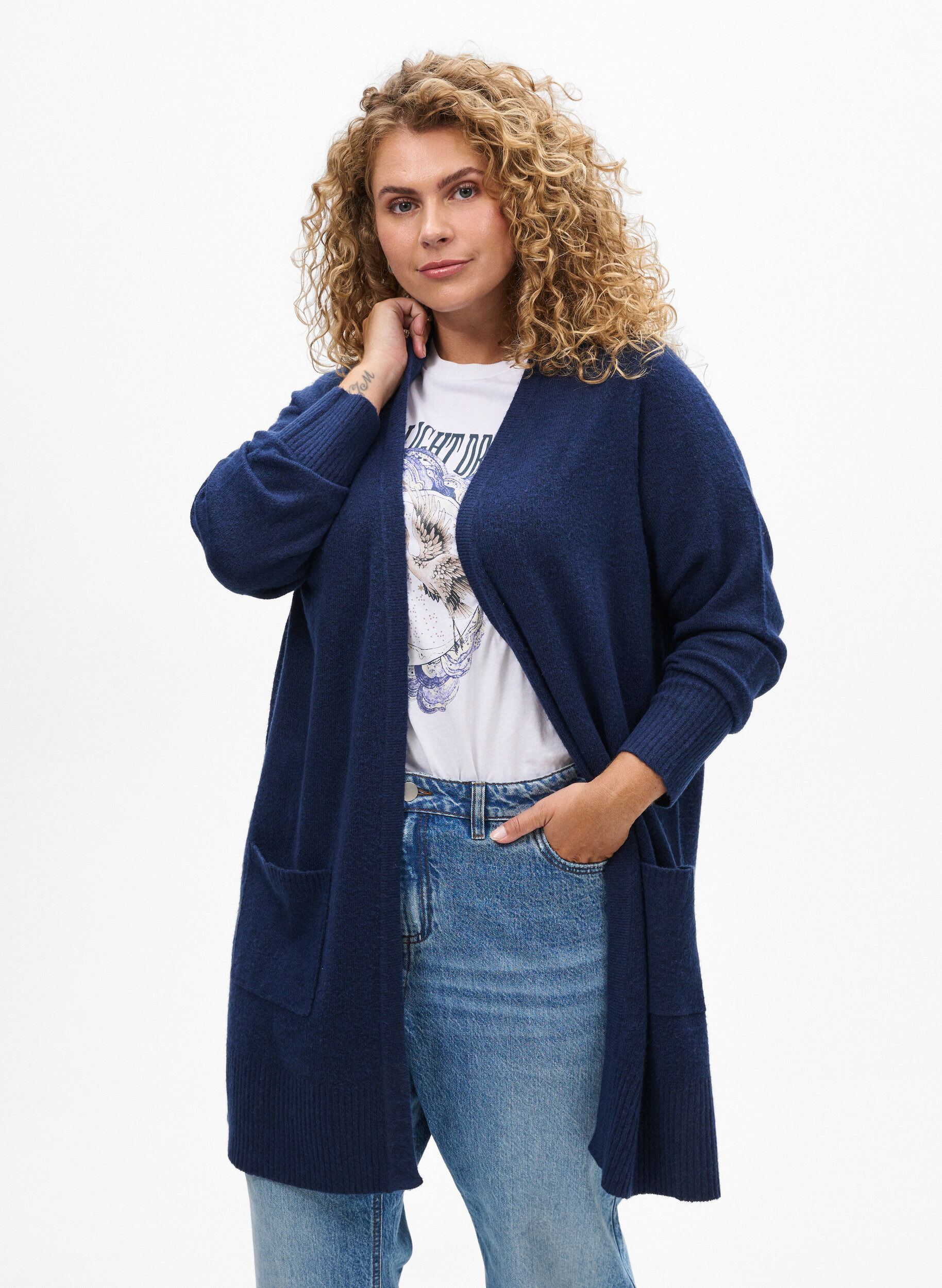 Zizzi Cardigan en tricot c&ocirc;tel&eacute; avec poches, Bleu, Model image number 0