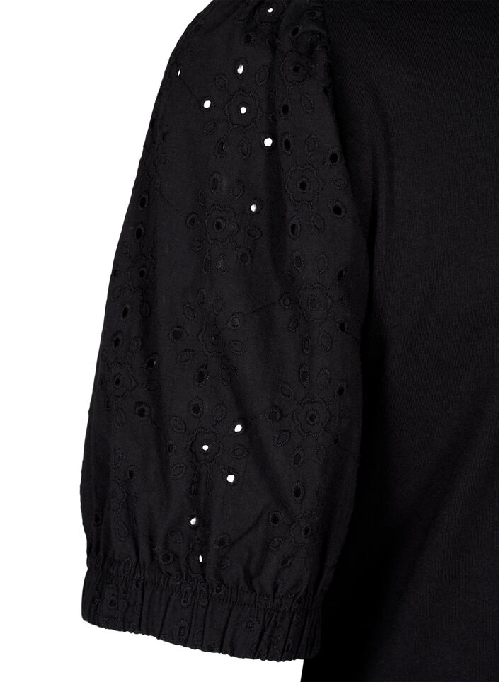 Chemisier en coton biologique avec manches en broderie anglaise, Black, Packshot image number 3