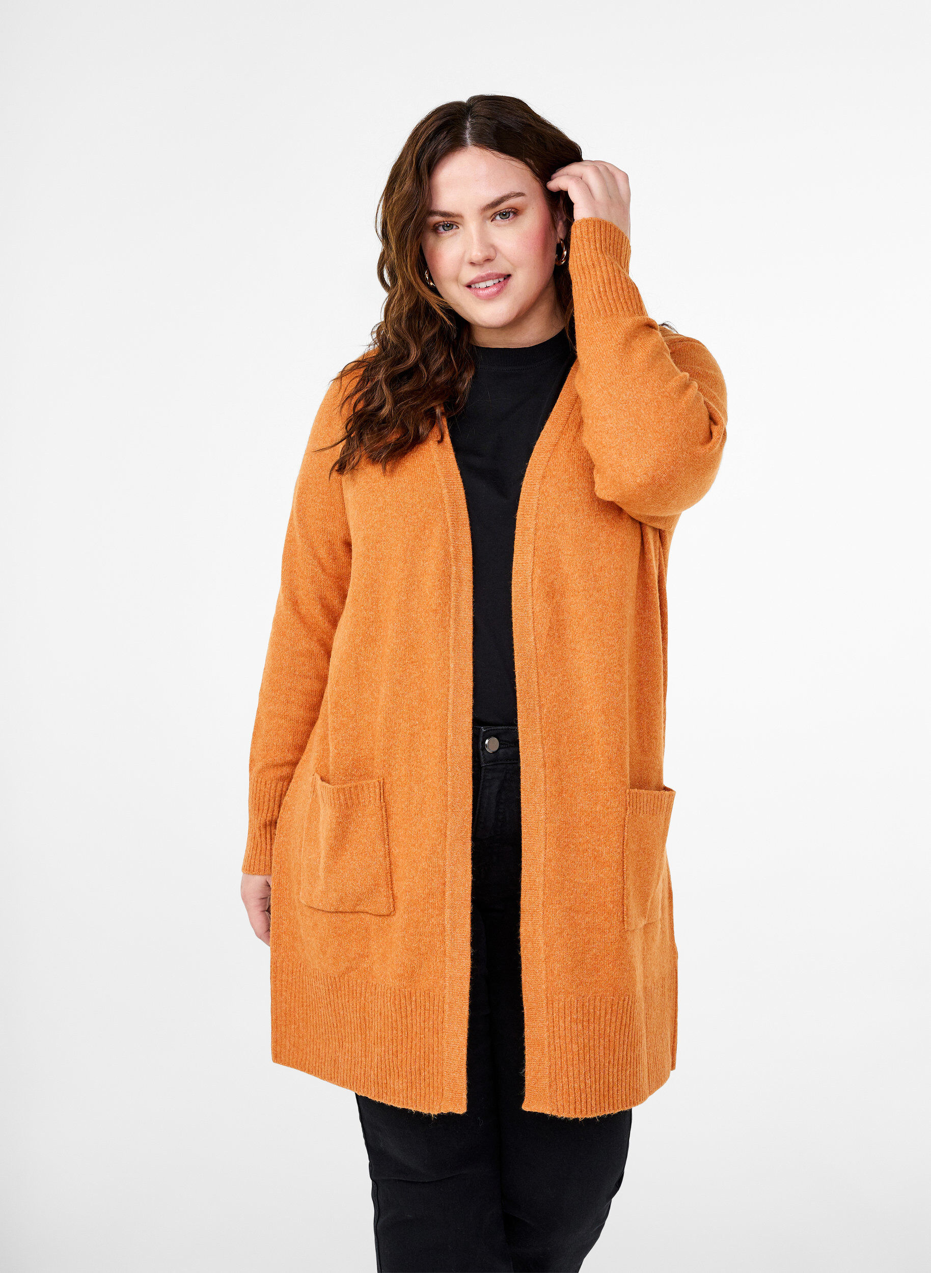 Zizzi Cardigan en tricot c&ocirc;tel&eacute; avec poches, Orange fonc&eacute;, Model image number 0