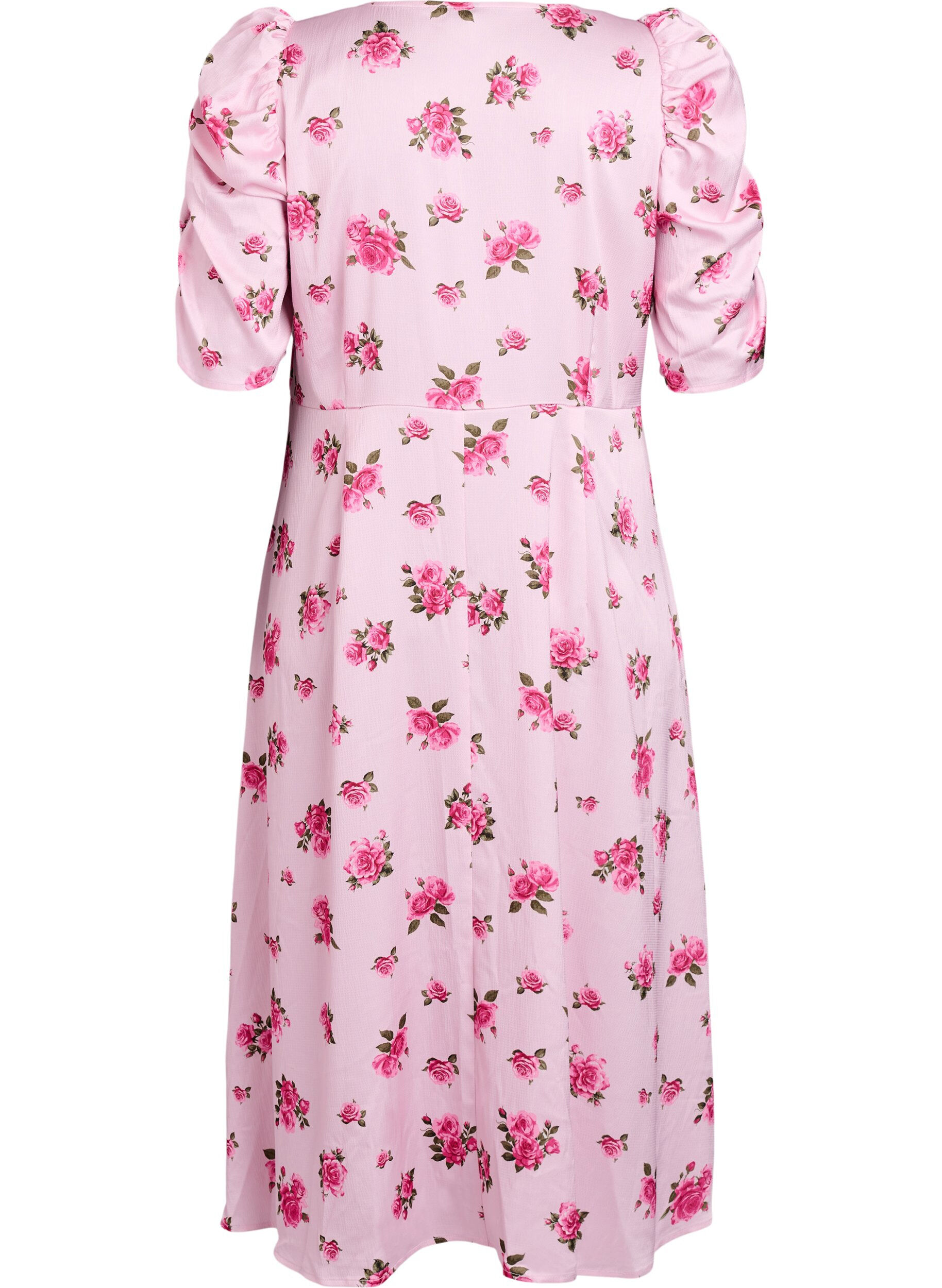 Zizzi Robe midi &agrave; fleurs avec manches bouffantes, Rose, Packshot image number 1