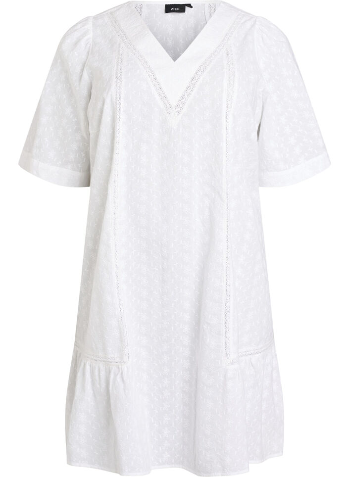 Robe mi-longue en coton avec broderie et col en V, Blanc, Packshot image number 0
