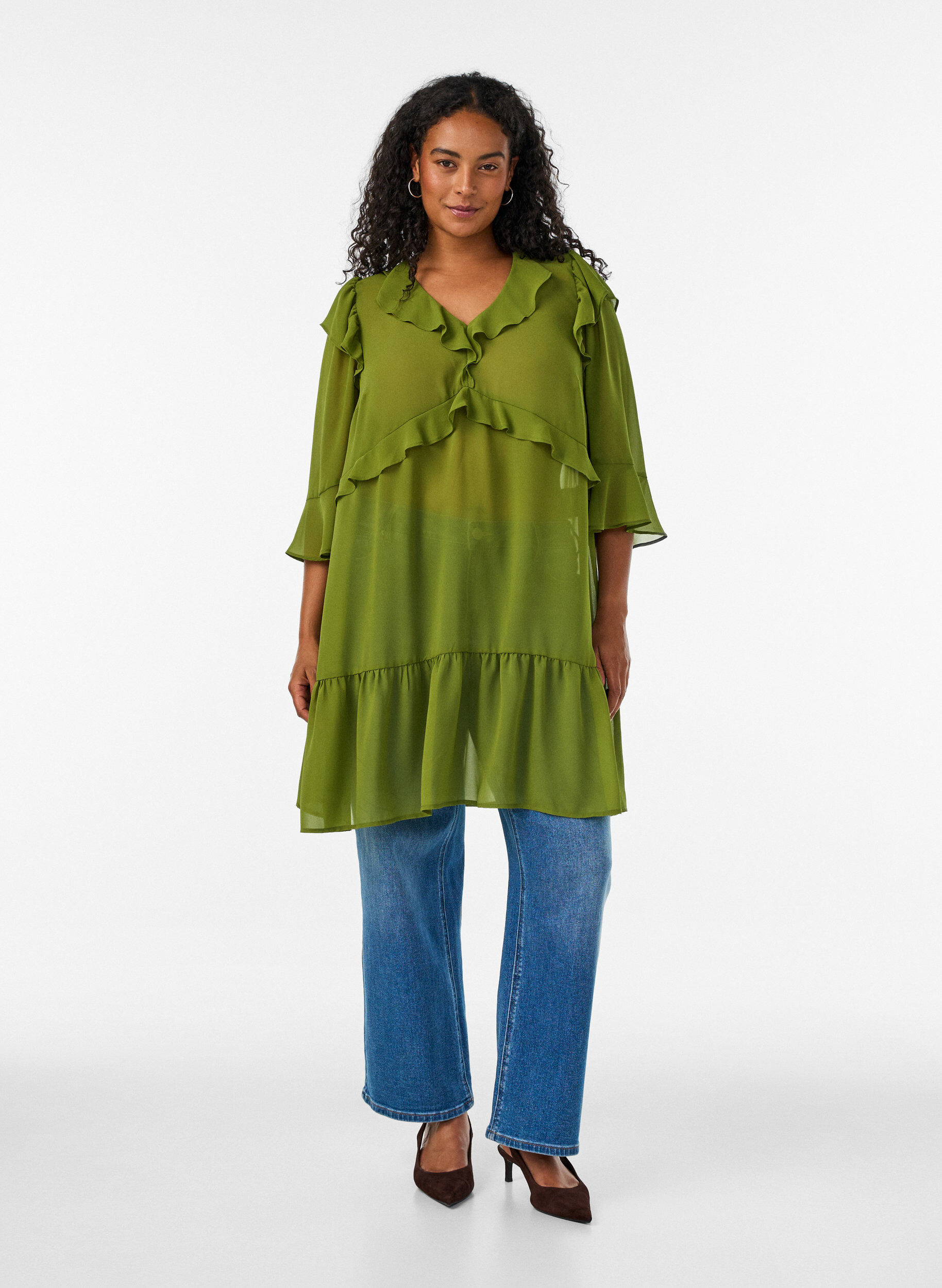 ZizziRobe l&eacute;g&egrave;re avec volants et col en V, Vert, Model image number 1