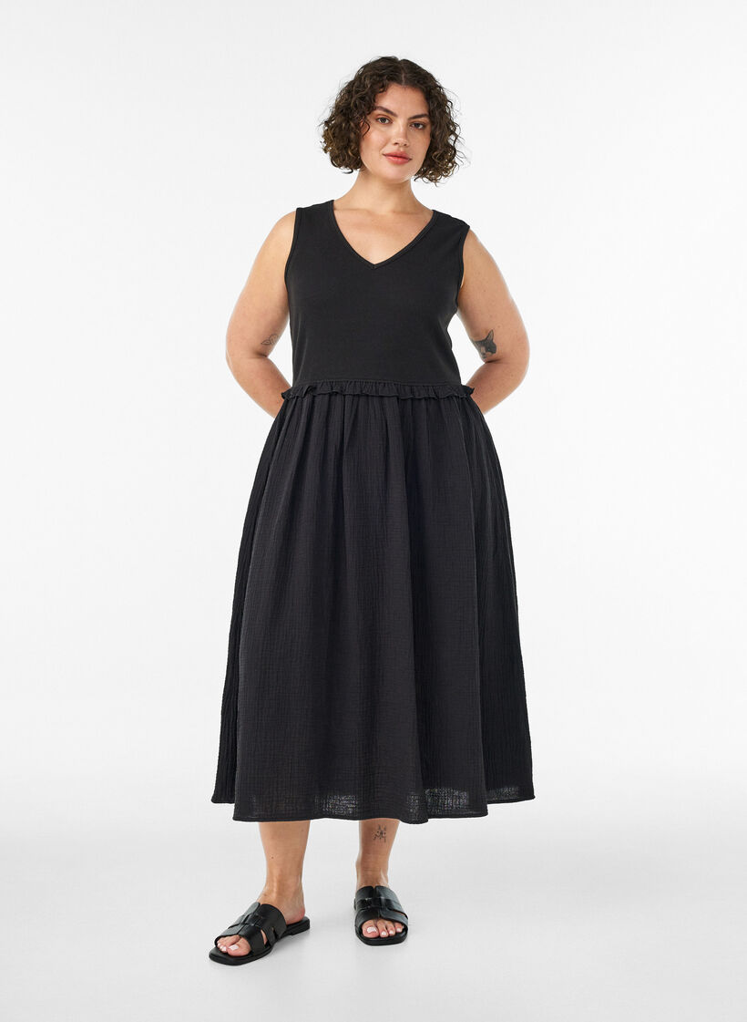 Robe midi sans manches en coton avec maille c&ocirc;tel&eacute;e et mousseline, Noir, Model image number 0