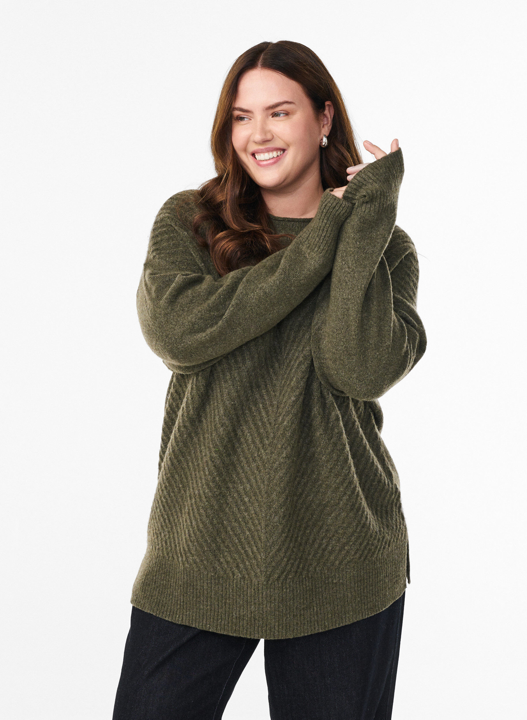 Blouse en maille avec motif c&ocirc;tel&eacute; en V et fentes, Vert Kaki, Model