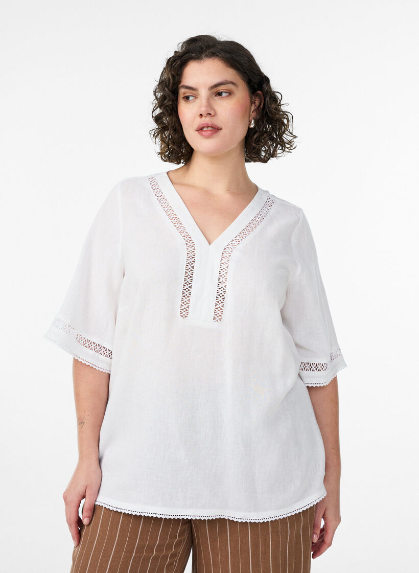 Blouse en lin et viscose avec des d&eacute;tails au crochet, Blanc, Model image number 0