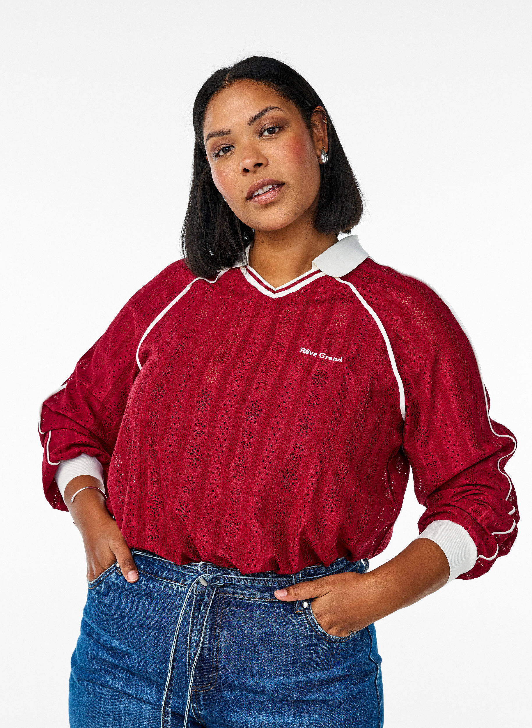 Zizzi Blouse en jersey textur&eacute; avec d&eacute;tails contrastants, Rouge, Model image number 0