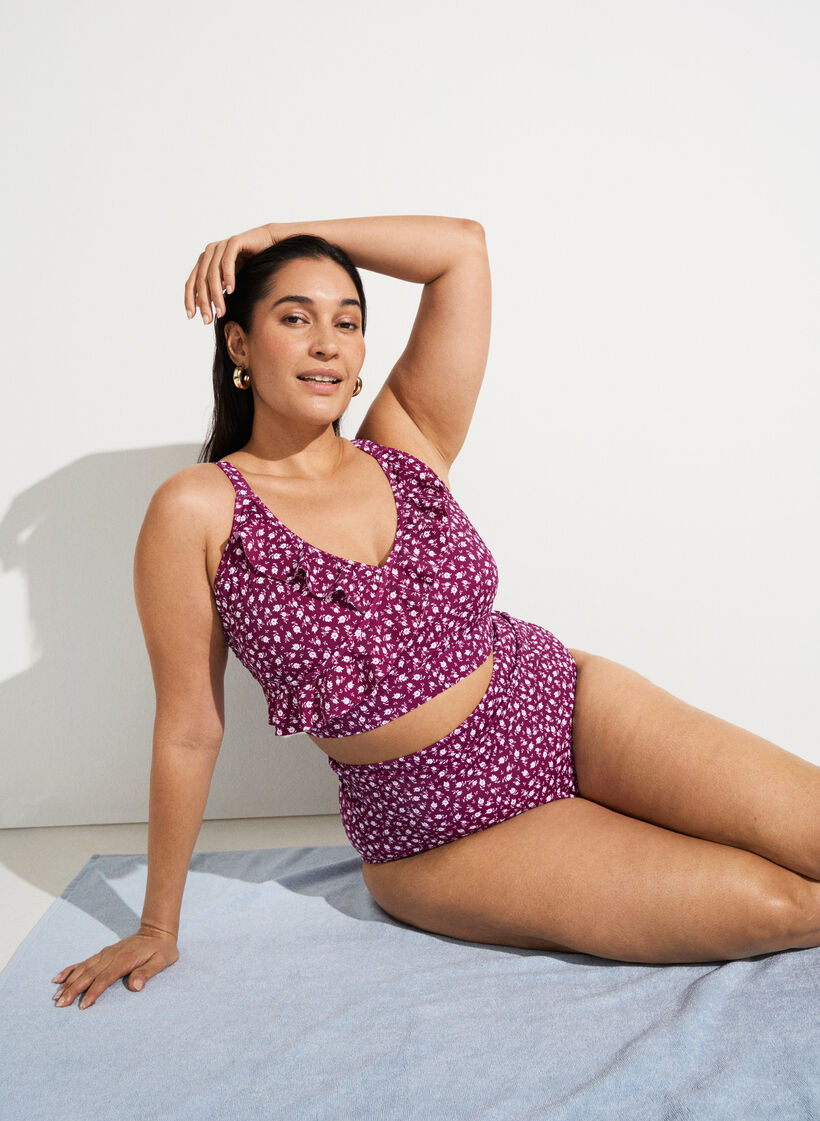 Haut de bikini avec imprim&eacute; et d&eacute;tails &agrave; volants, Bordeaux, Image image number 0