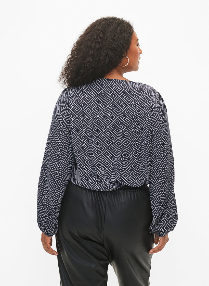 Blouse avec col en V et imprimé, Navy Graphic AOP, Model image number 1