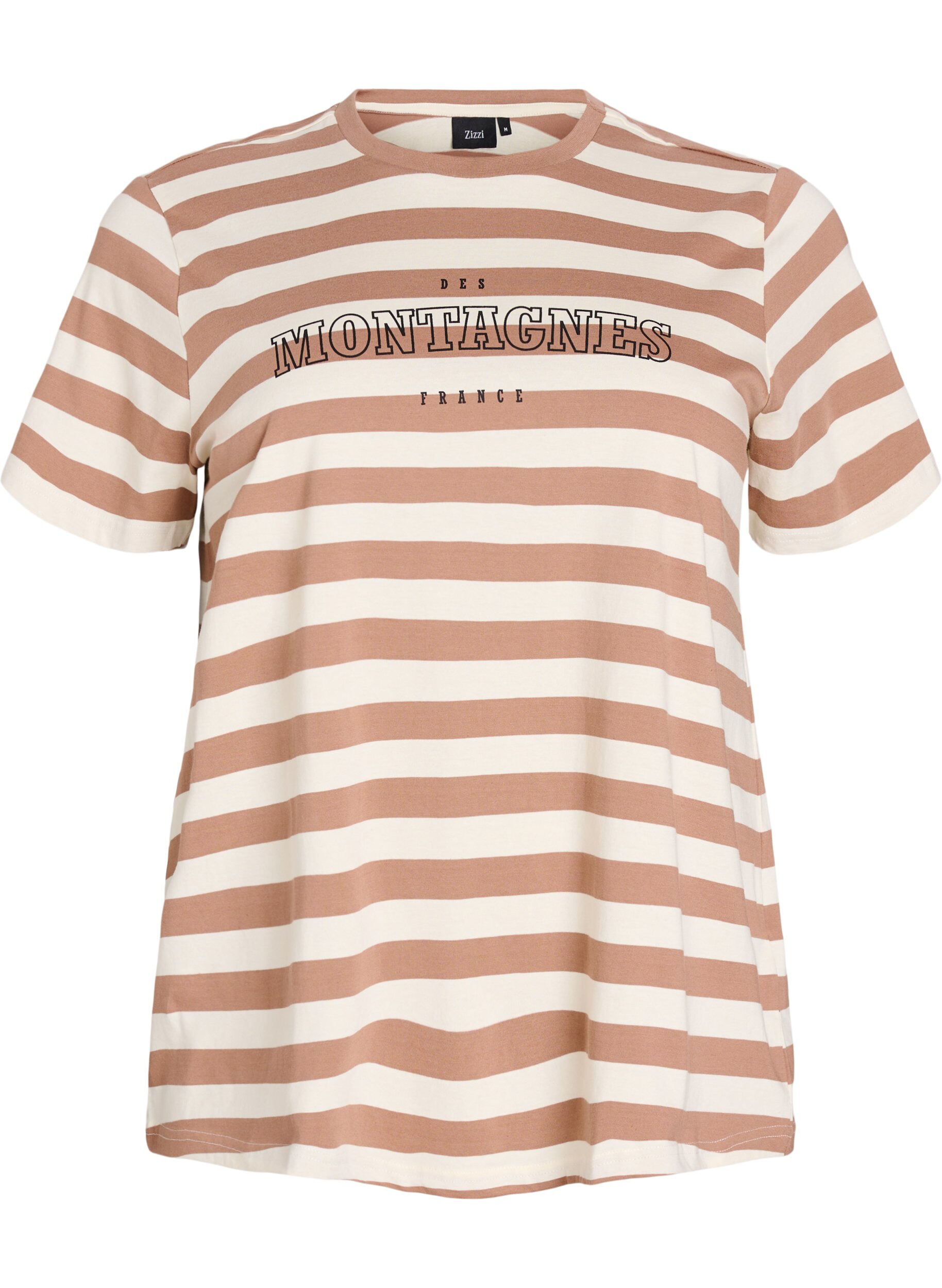 Zizzi T-shirt en coton biologique avec des rayures et du texte, Camel, Packshot image number 0