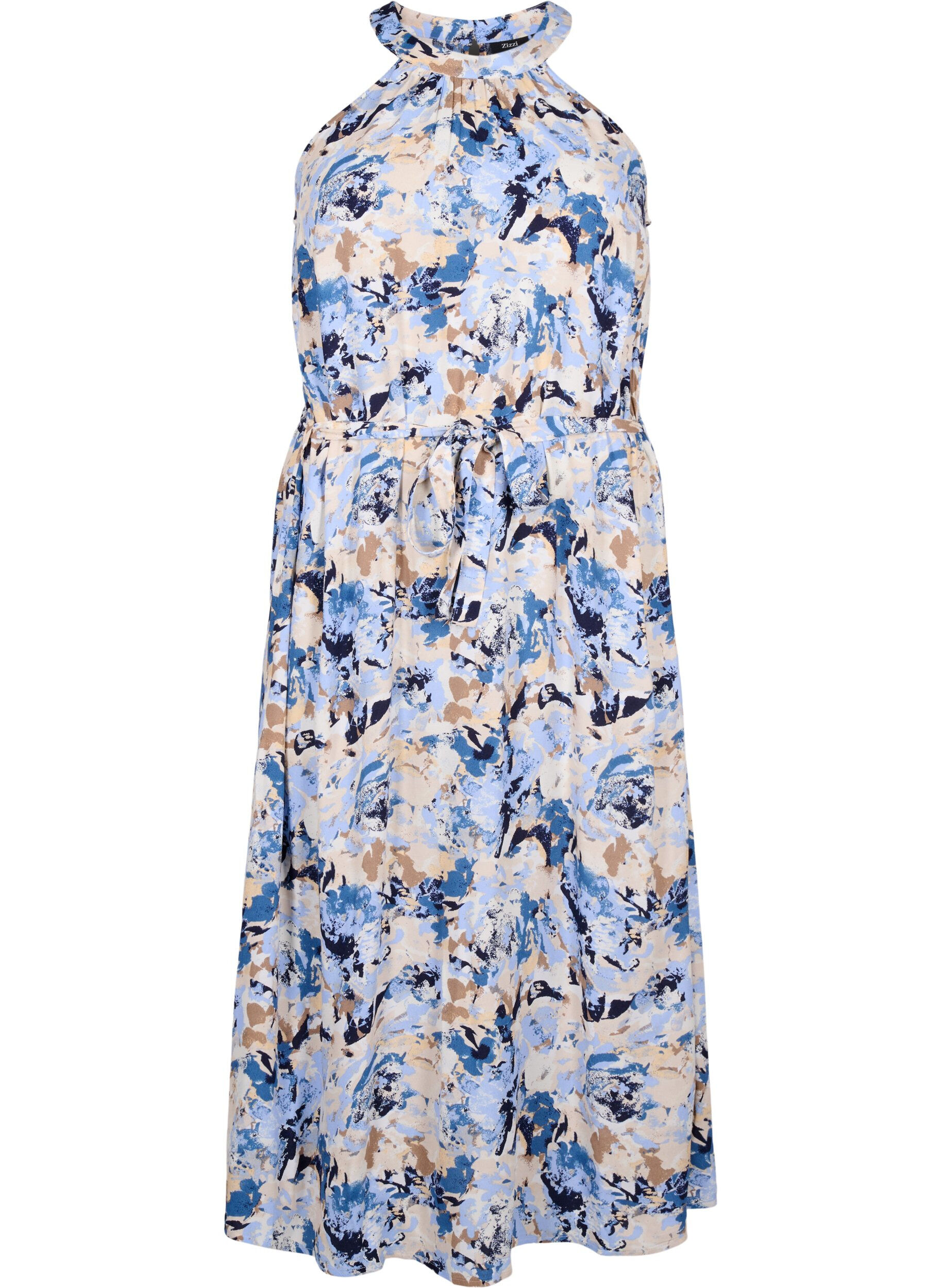 Zizzi Robe de cocktail en viscose avec dos nu, Blue Graphic AOP, Packshot image number 0