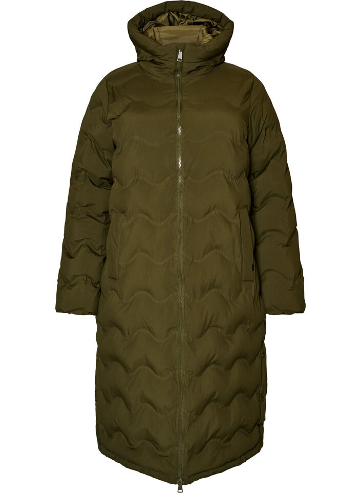 Doudoune longue &agrave; capuche avec motif vagues, Vert Kaki, Packshot image number 0