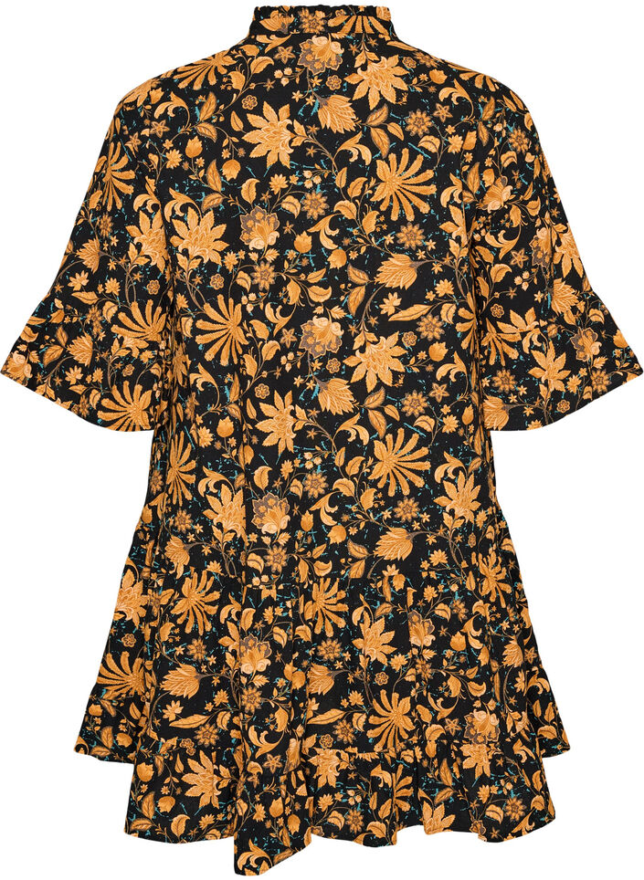 Robe florale en coton avec volants et coupe &eacute;vas&eacute;e ample, Orange, Packshot image number 1
