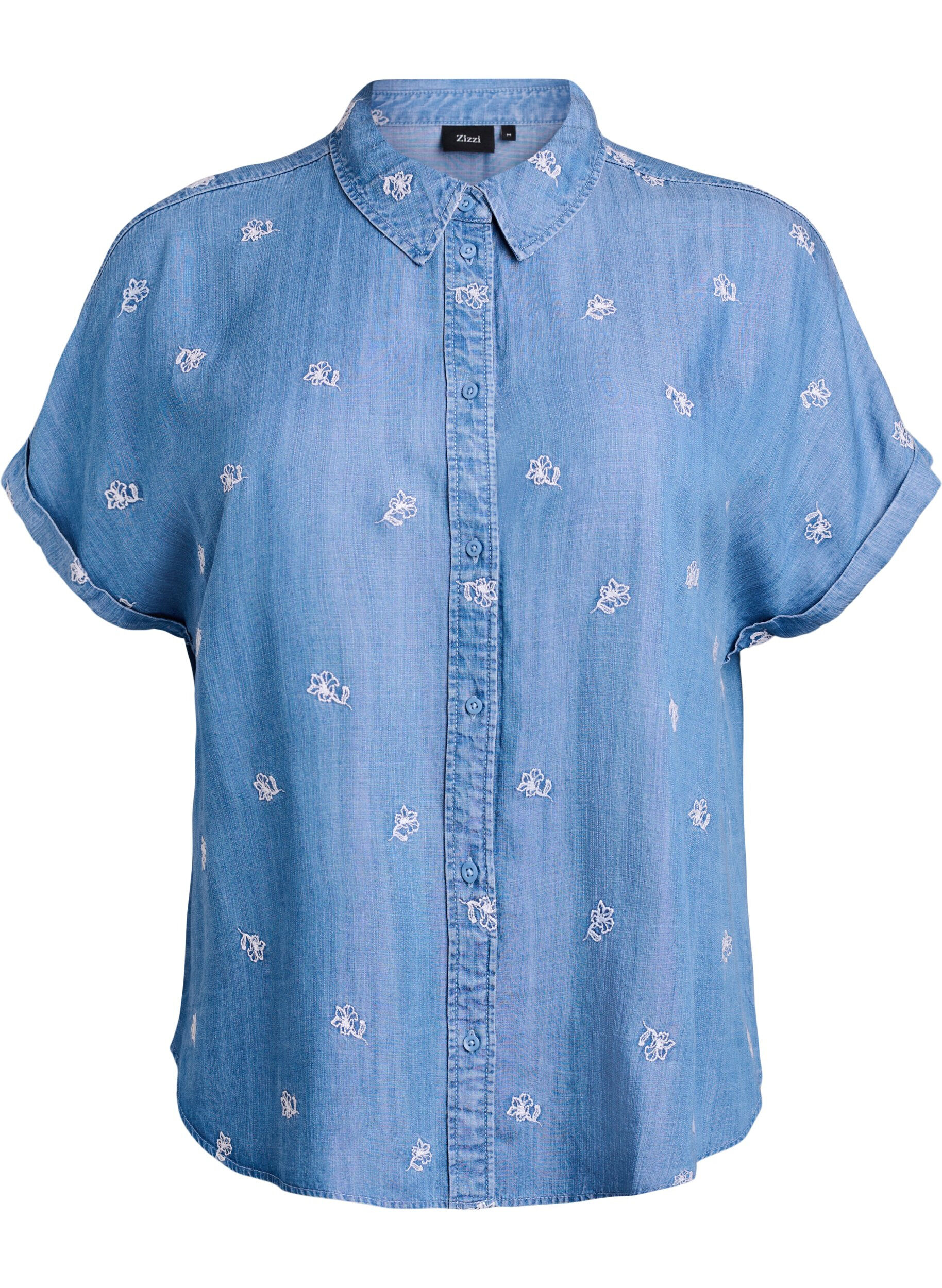 ZizziChemise en lyocell aspect denim avec broderies florales, Bleu Clair, Packshot image number 0