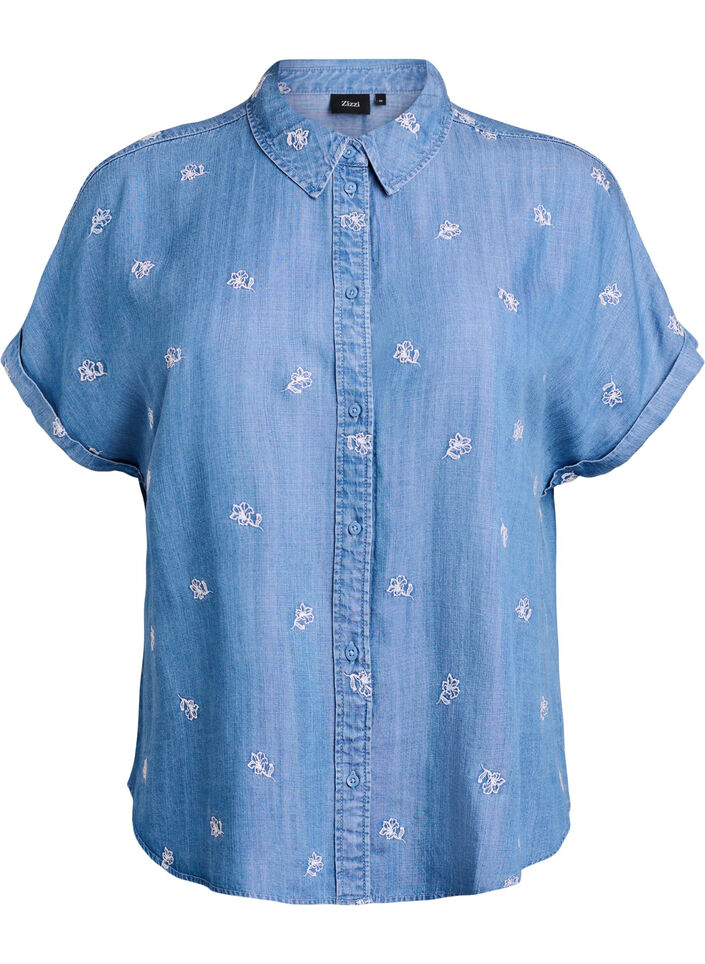 Chemise en lyocell aspect denim avec broderies florales, Bleu Clair, Packshot image number 0