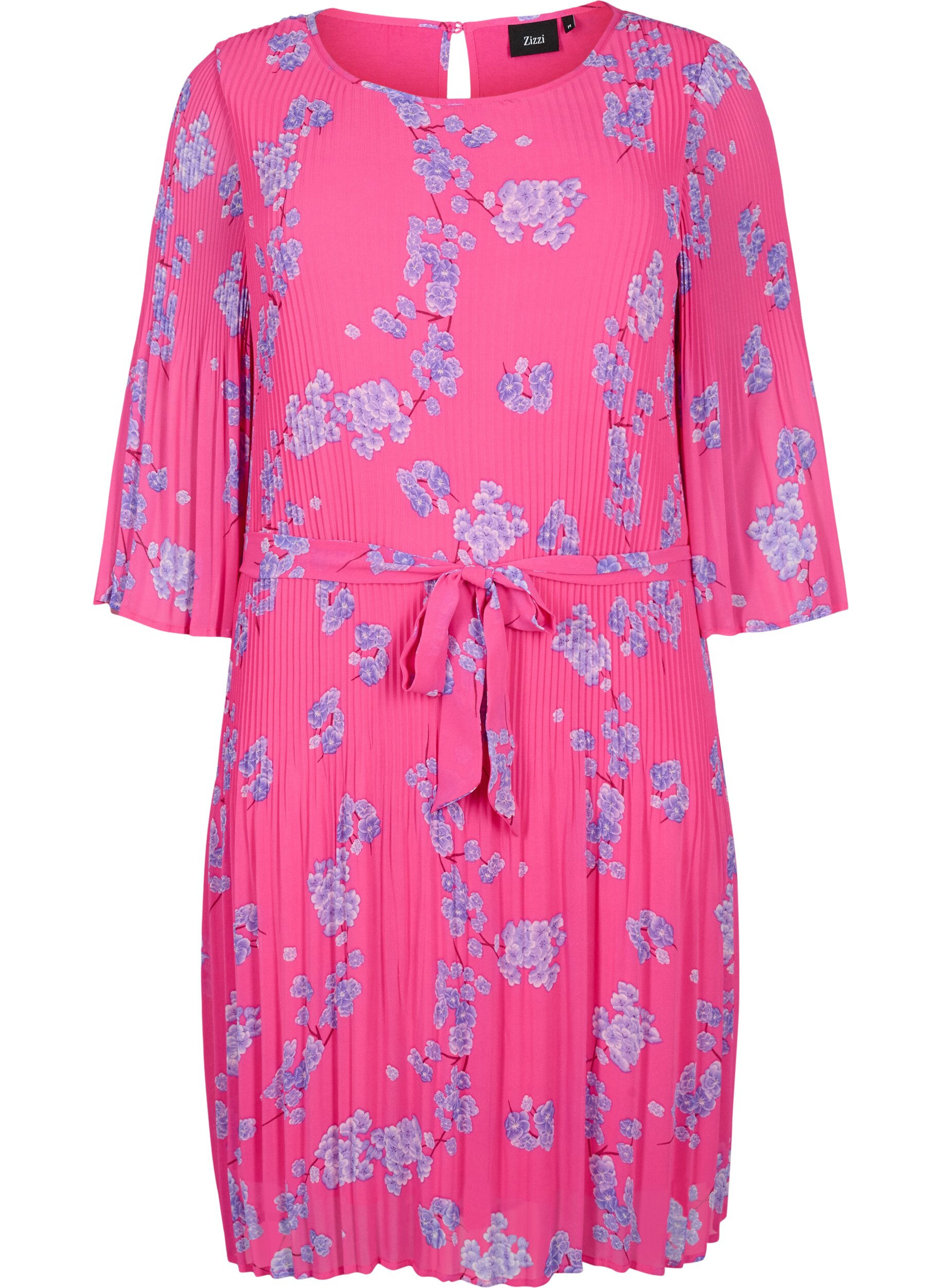 Zizzi Robe pliss&eacute;e imprim&eacute;e avec lien &agrave; nouer, Beetroot Purple AOP, Packshot image number 0