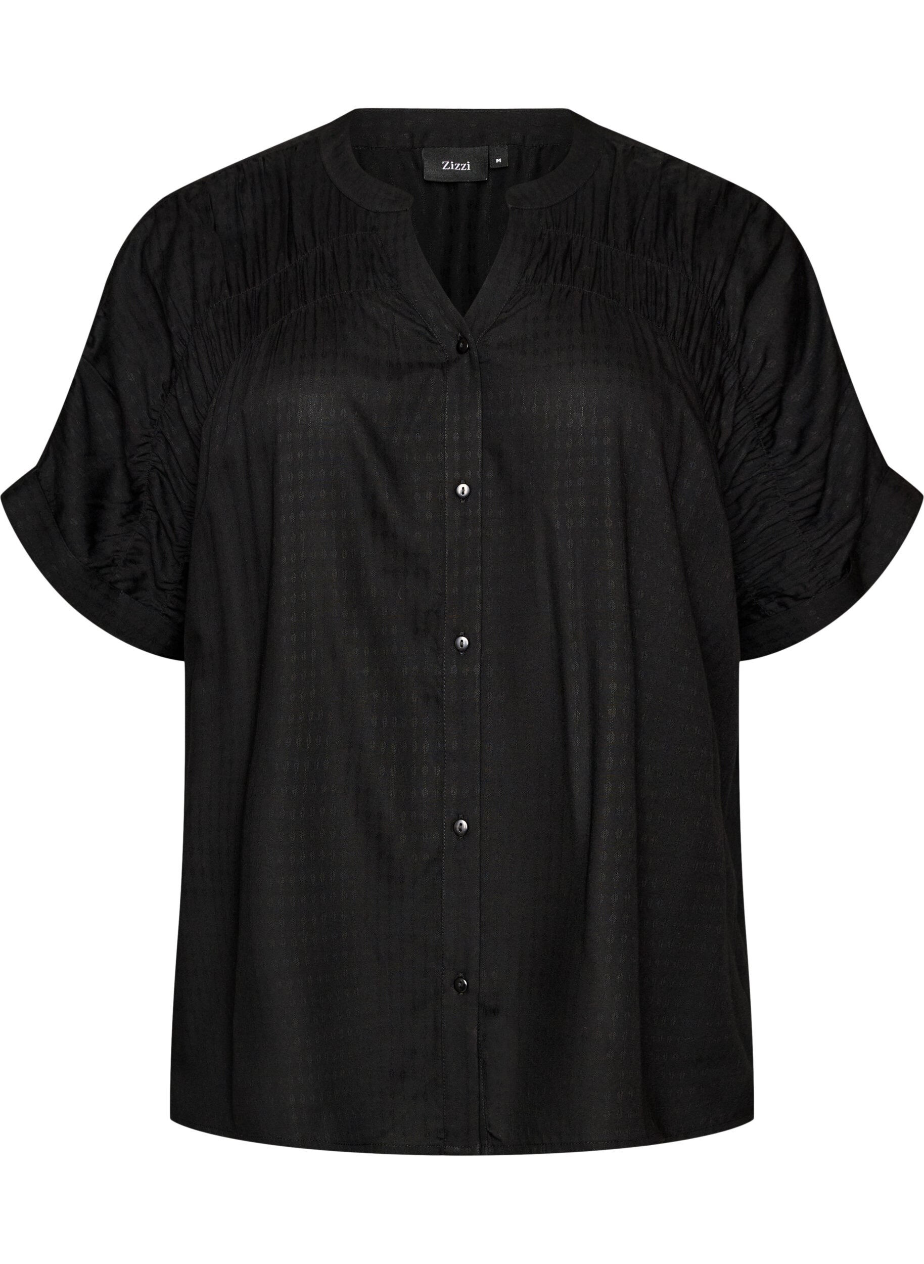 ZizziChemise en viscose avec manches courtes et d&eacute;tail fronc&eacute;, Noir, Packshot image number 0