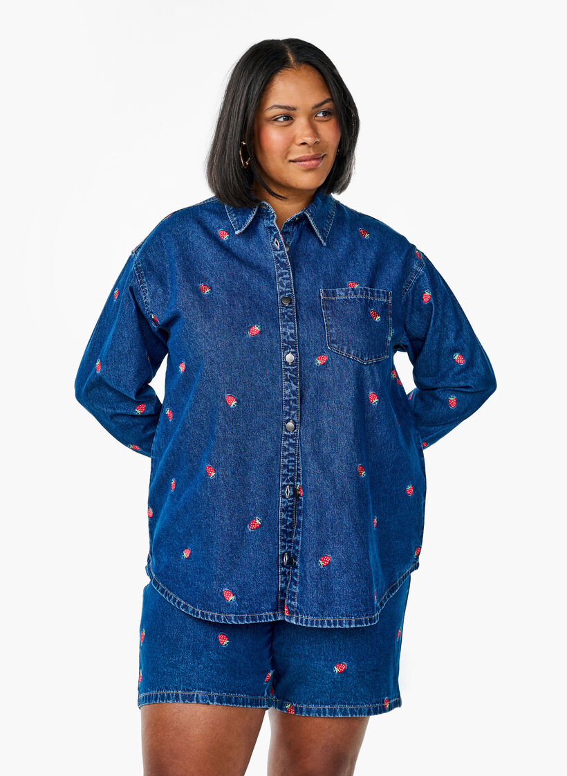 Shorts en jean avec fraises brod&eacute;es, Bleu, Model image number 0