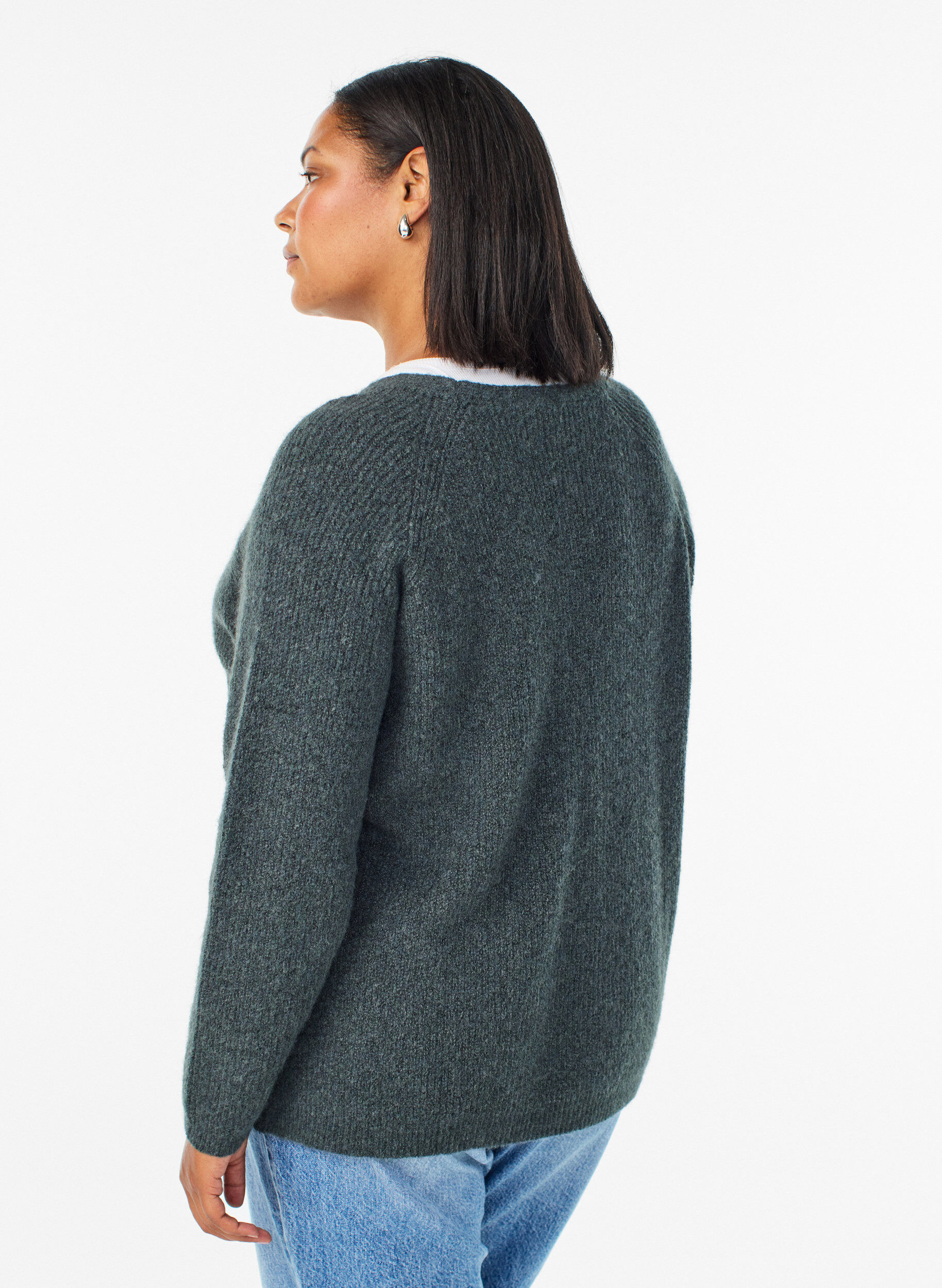 ZizziBlouse en maille &agrave; col V et manches raglan, Vert fonc&eacute;, Model image number 2