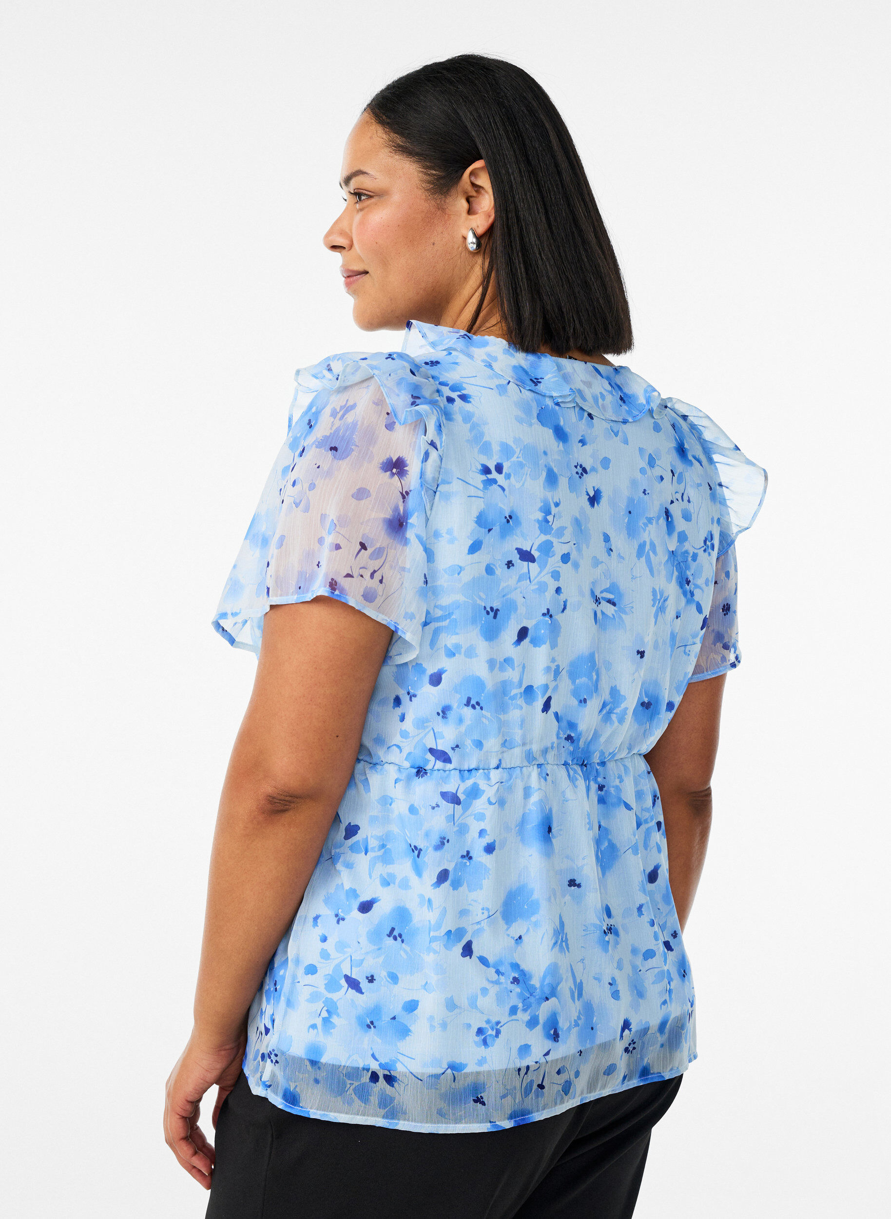ZizziBlouse fleurie avec col &agrave; volants et effet peplum, Bleu, Model image number 2
