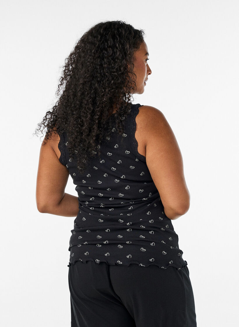 Top avec imprim&eacute; et bord en dentelle, Noir, Model image number 2