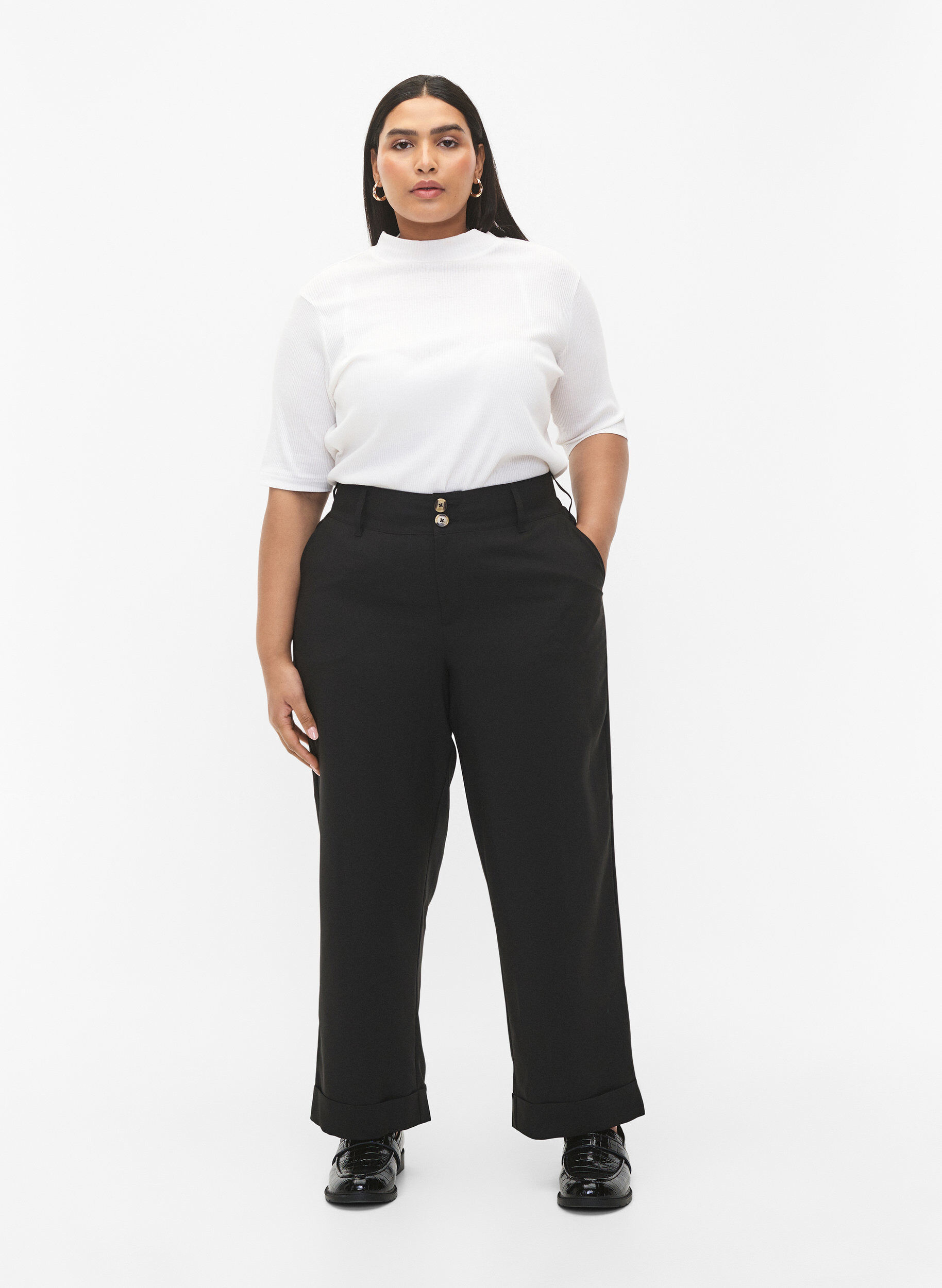 Zizzi Pantalon taille haute avec pliage, Black, Model image number 0