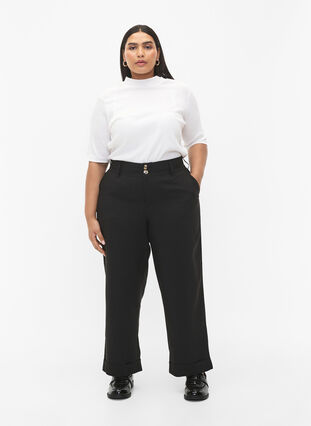 Pantalon taille haute avec pliage, Black, Model image number 0