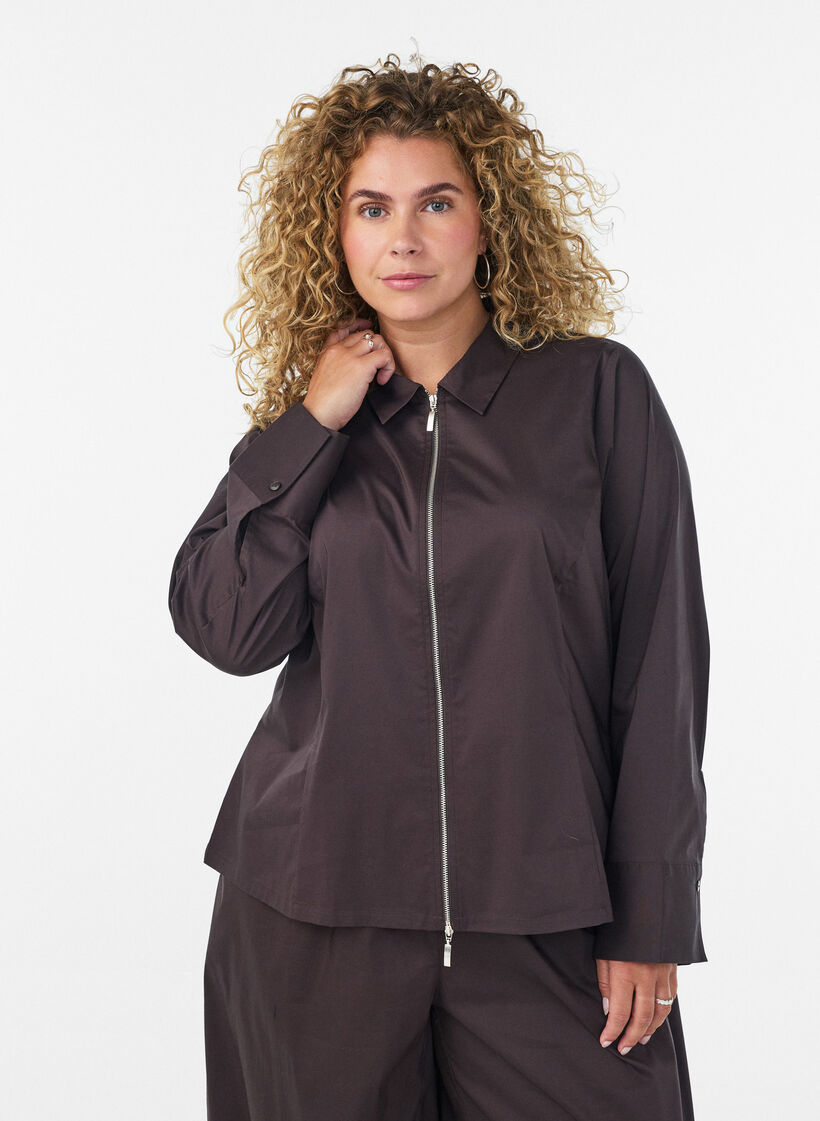 Chemise courte avec un zip &agrave; double curseur, Marron, Model image number 0