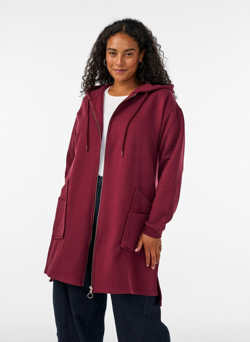 Cardigan long &agrave; capuche avec fermeture &eacute;clair, Bordeaux, Model image number 0