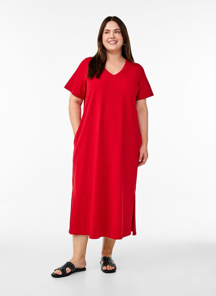 Robe T-shirt midi avec col en V, Rouge, Model image number 0