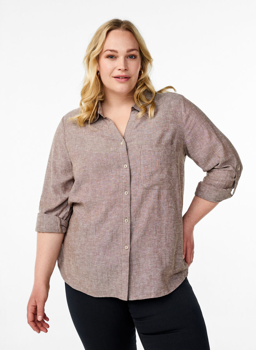 Chemise en lin et viscose avec manches 3/4, Marron, Model image number 0