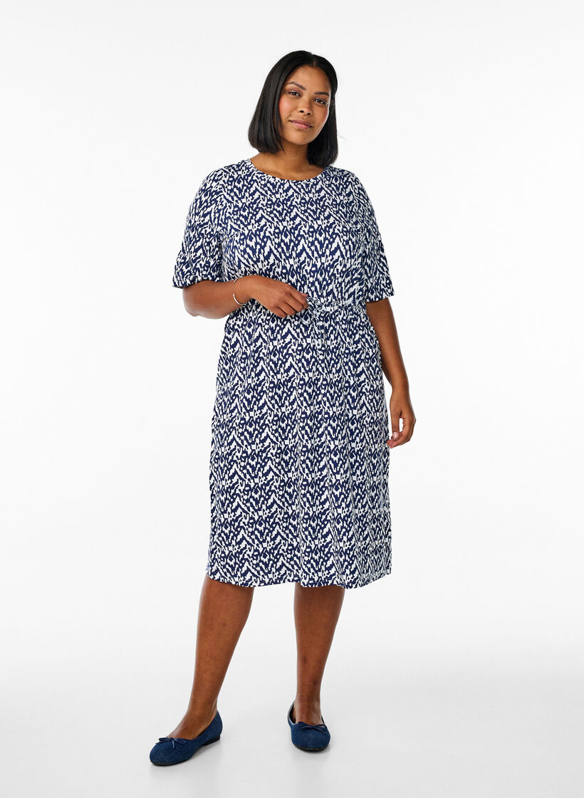 Robe en jersey mi-longue avec ceinture à nouer à la taille, Bleu, Model image number 0