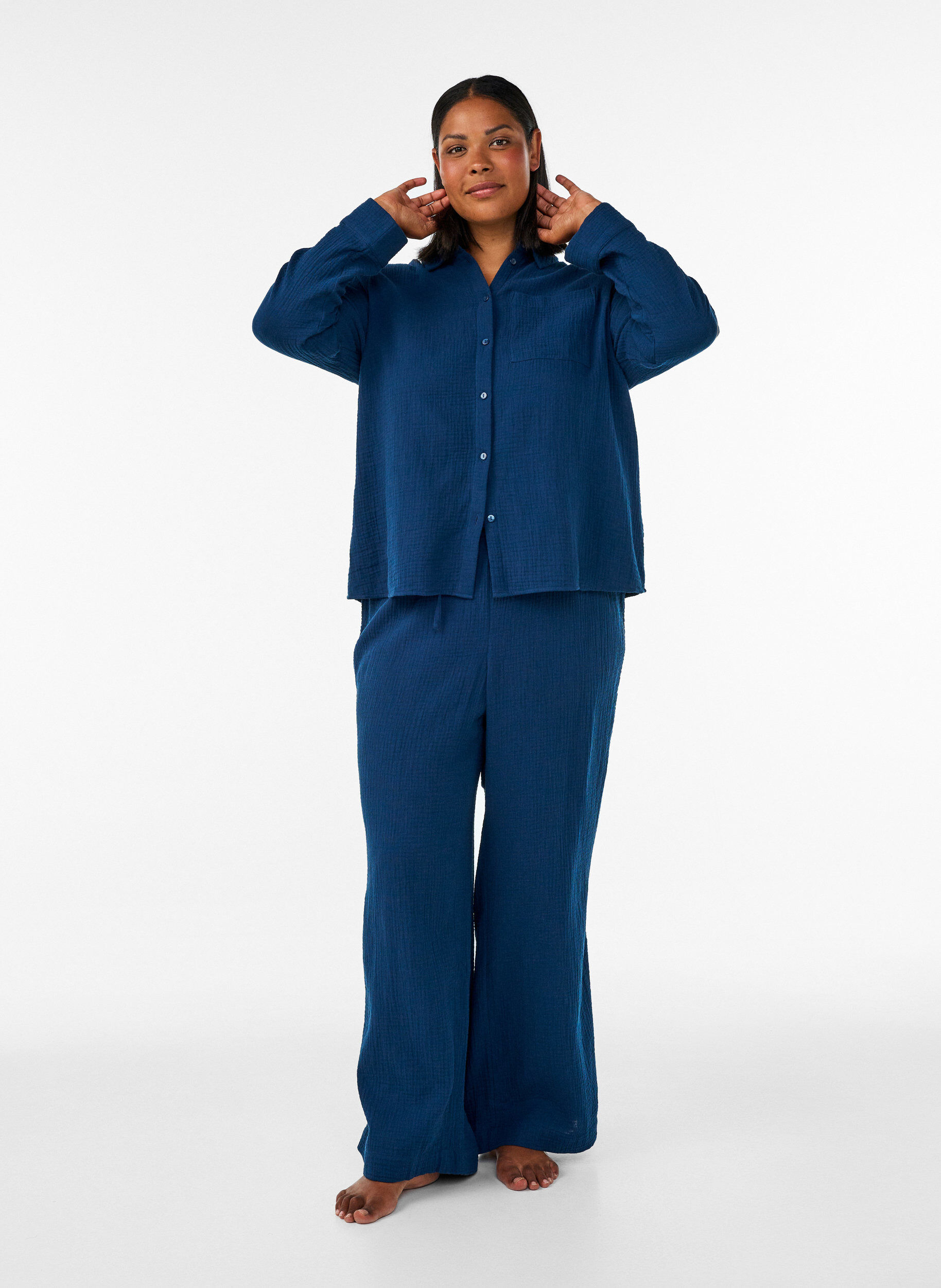 Pantalon de pyjama ample en mousseline de coton, Bleu, Model