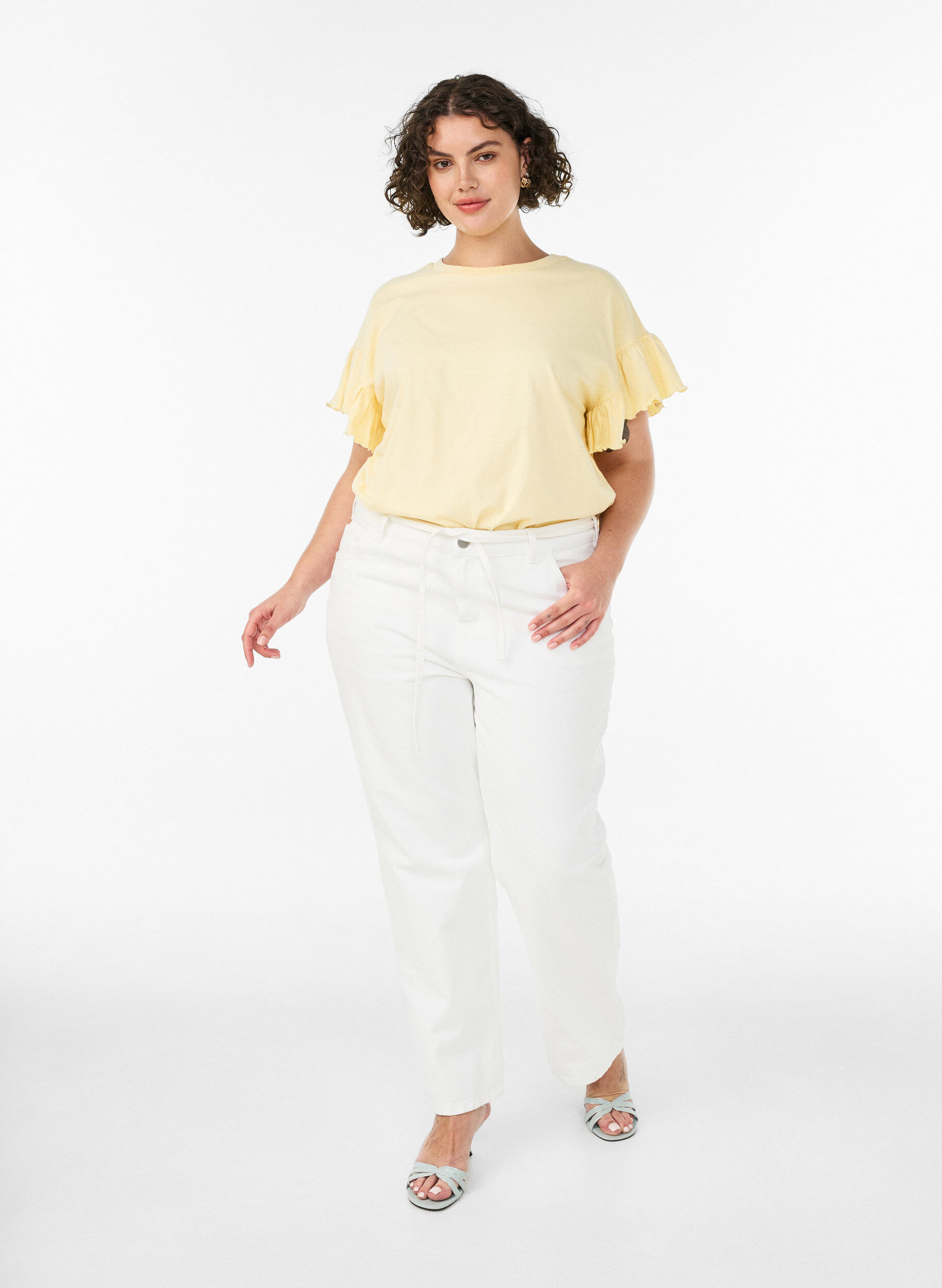 ZizziT-shirt en coton bio avec manches &agrave; volants, Jaune clair, Model image number 1